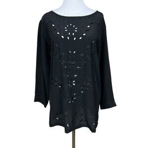 CLUB MONACO Tunic Top Womens Small Black Silk Eyelet 3/4 Sleeve Sheer Blouse S‎